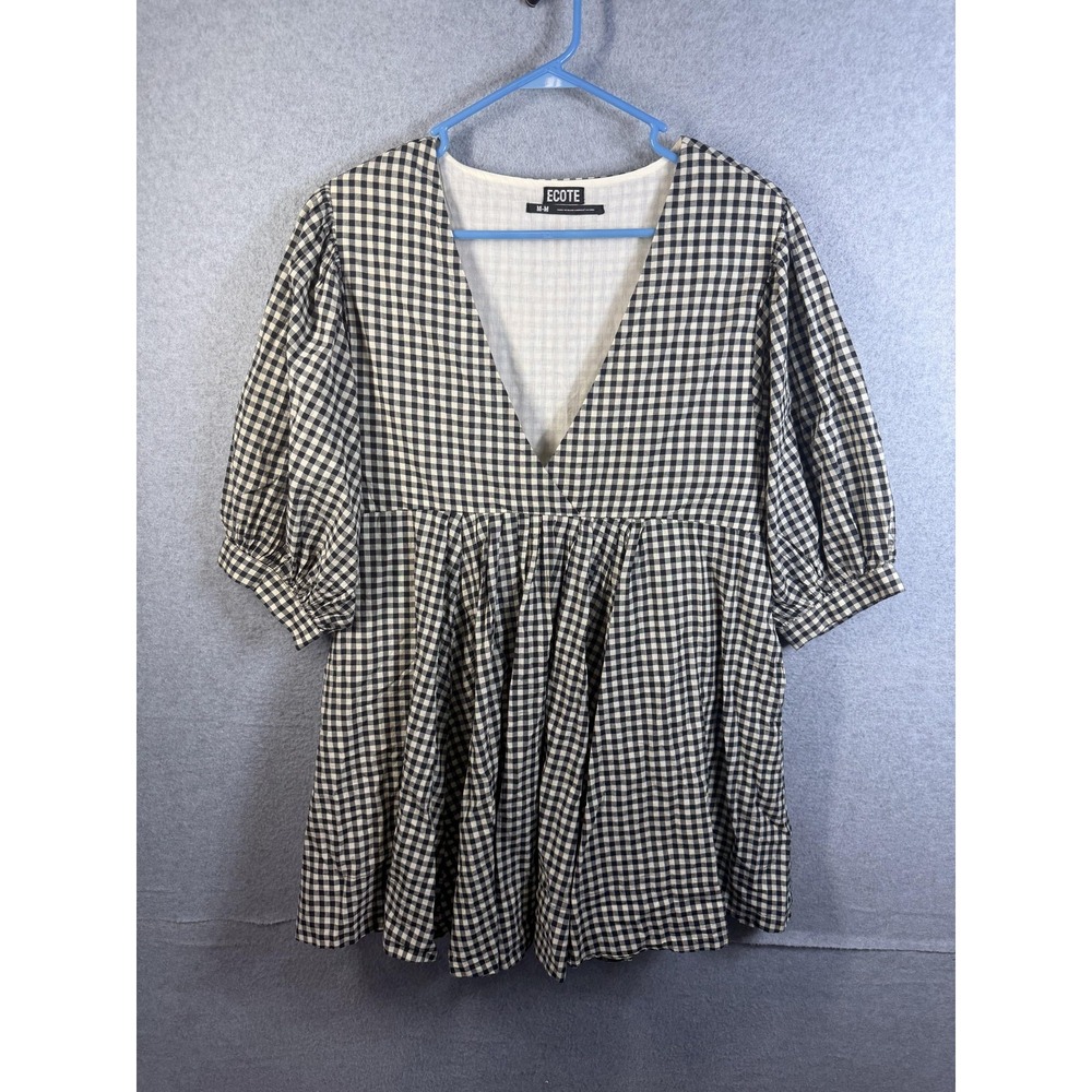 Ecote Dress Womens Medium Black Gingham 3/4 Sleeve V Neck Fit Flare Mini Cotton